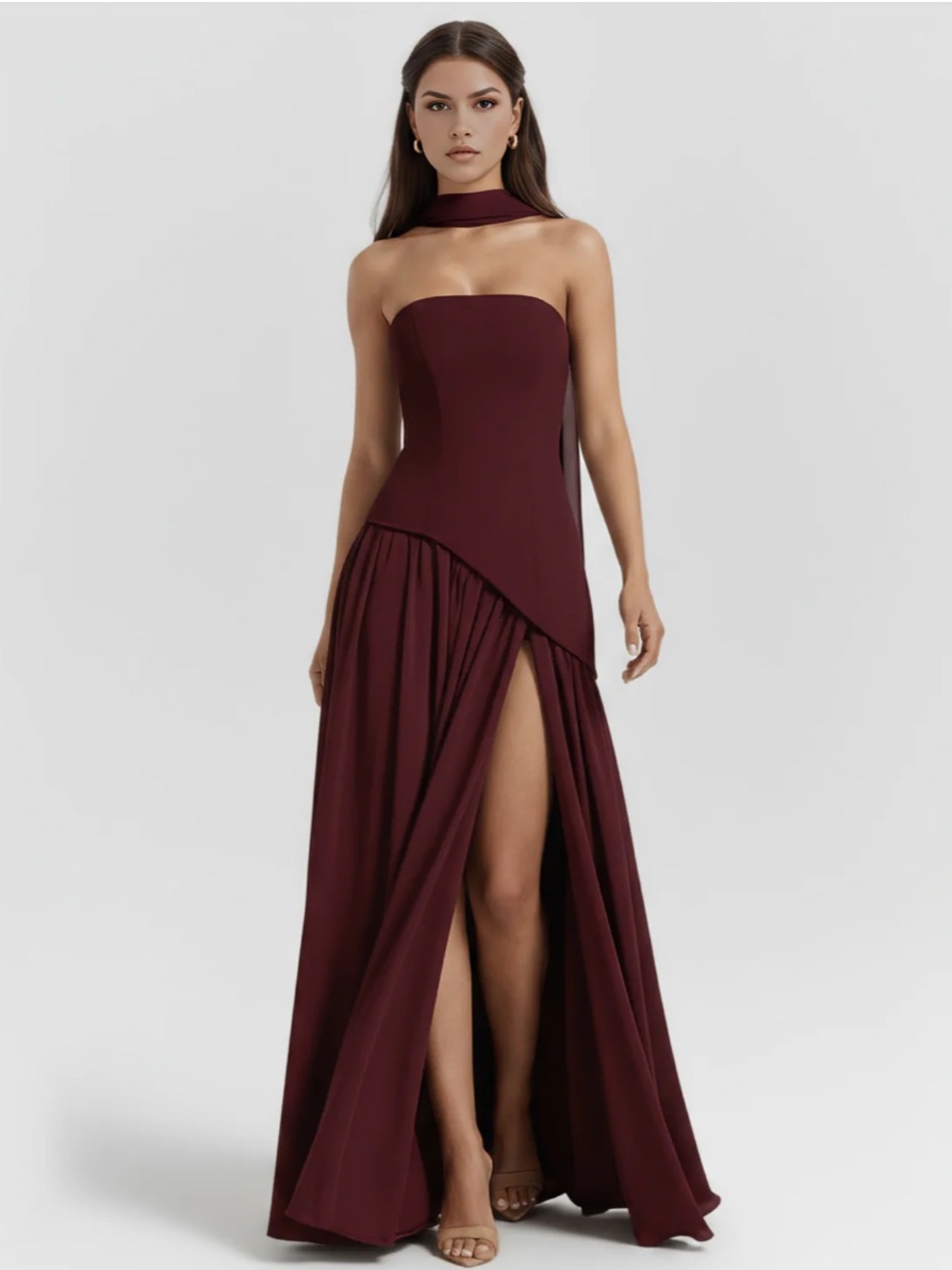 Burgundy Maxi Dress with Sculpted Bodice and Flowing Chiffon Skirt